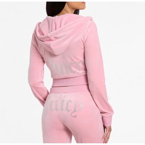 Juicy Couture Pants - Juicy Couture Pink rose Velour Tracksuit Set Rhinestone Logo Hoodie Pants XL NEW
